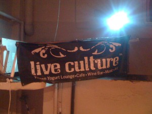 A banner near the stage of Live Culture Lounge in Santa Barbara, CA.
