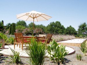 Picture perfect: the back garden outside the tasting room at Landmark Vineyards in Kenwood, CA.