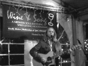 Performing at Brad Colerick's "Wine & Song" songwriter series at Firefly Bistro in South Pasadena, CA.