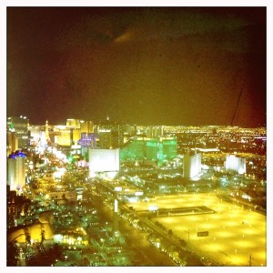 View of the infamous Las Vegas strip from atop Mandalay Bay on the outdoor patio at The Foundation Room.