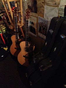 There with me, through thick and thin, and a few bumps along the way... My two Taylor Guitars 814ce's backstage at Zoey's CafÃ© in Ventura, CA.